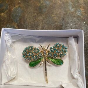 Gold Dragonfly Brooch Kirk’s Folly green & blue enamel iridescent crystals